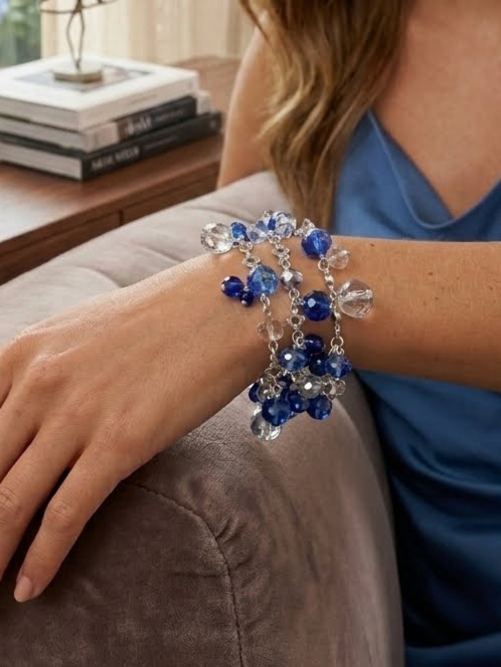 White House Black Market Multi Strand Blue Silver Beaded Bracelet